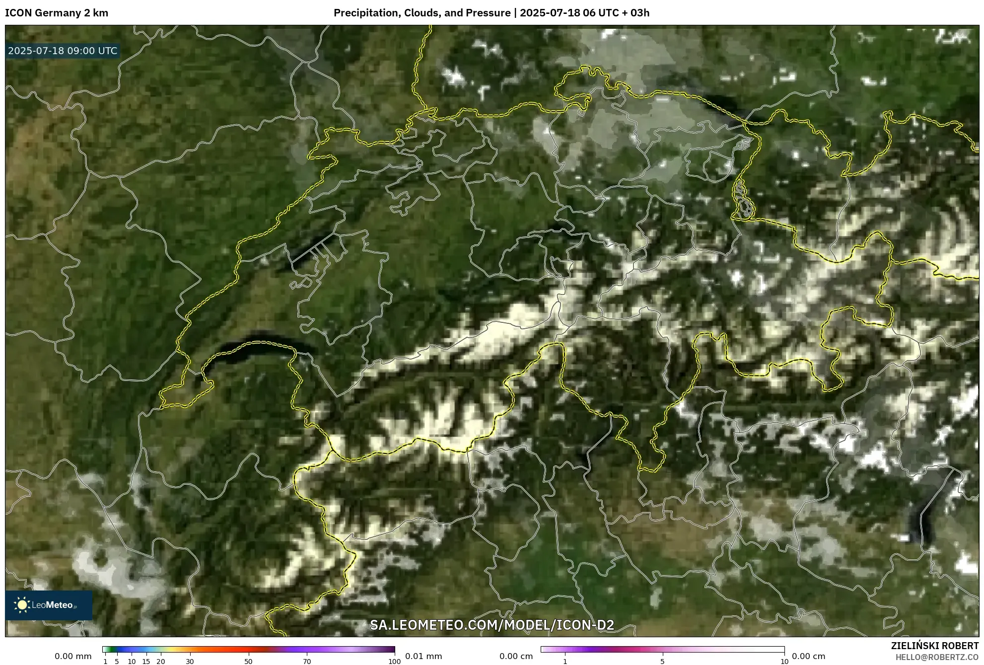 ICON Jerman 2 km model - Switzerland, Hujan, Awan dan Tekanan