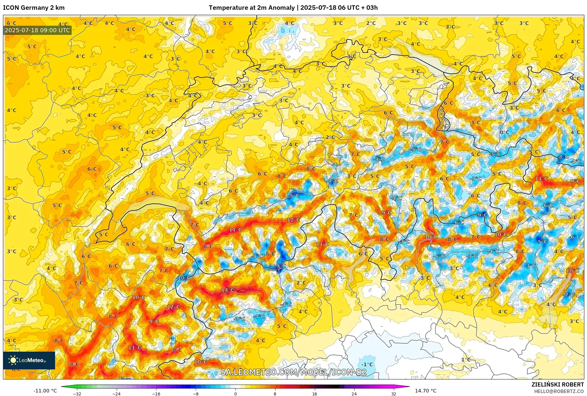 ICON Jerman 2 km model - Switzerland, Anomali Suhu 2 m