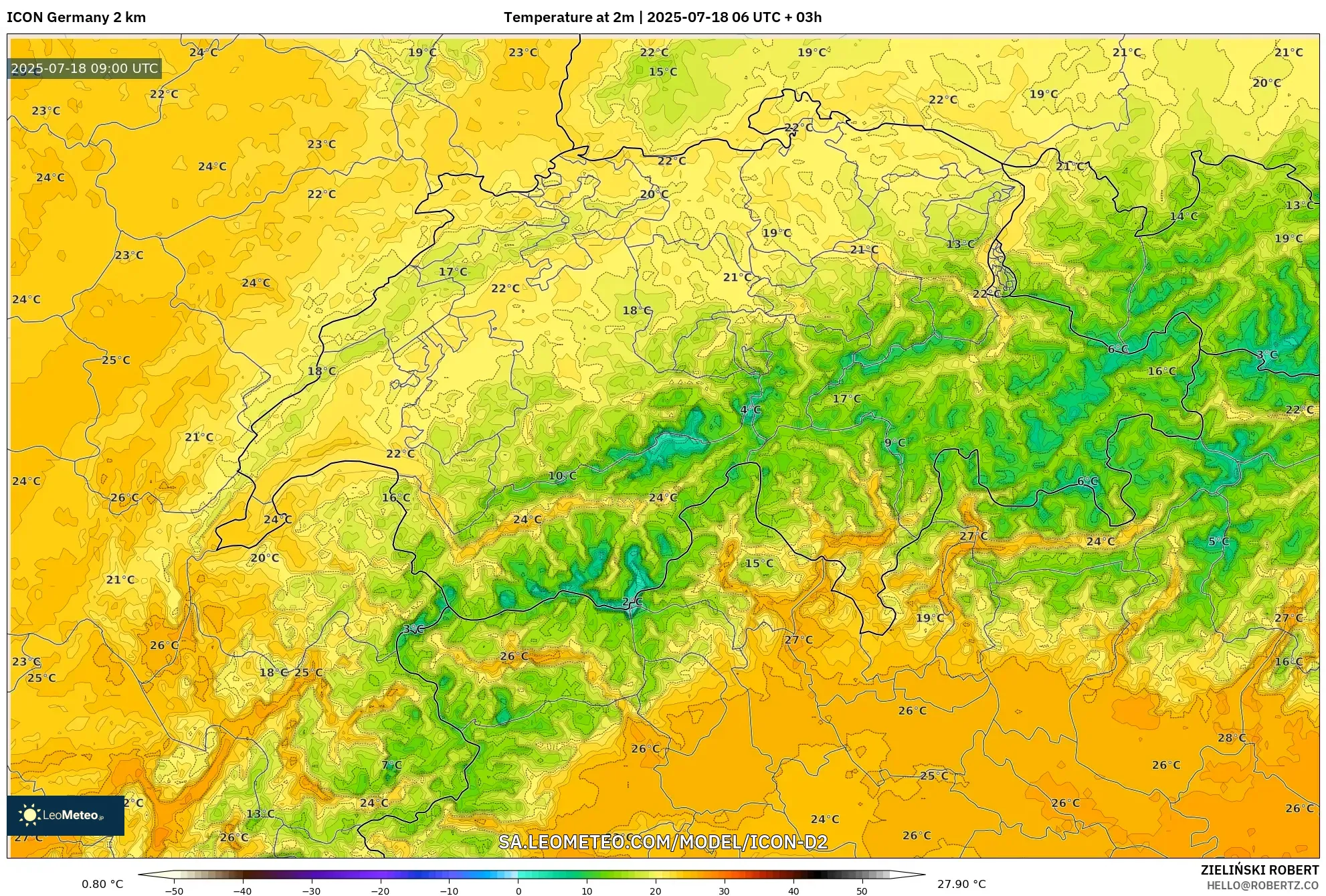 ICON Jerman 2 km model - Switzerland, Suhu pada 2 m