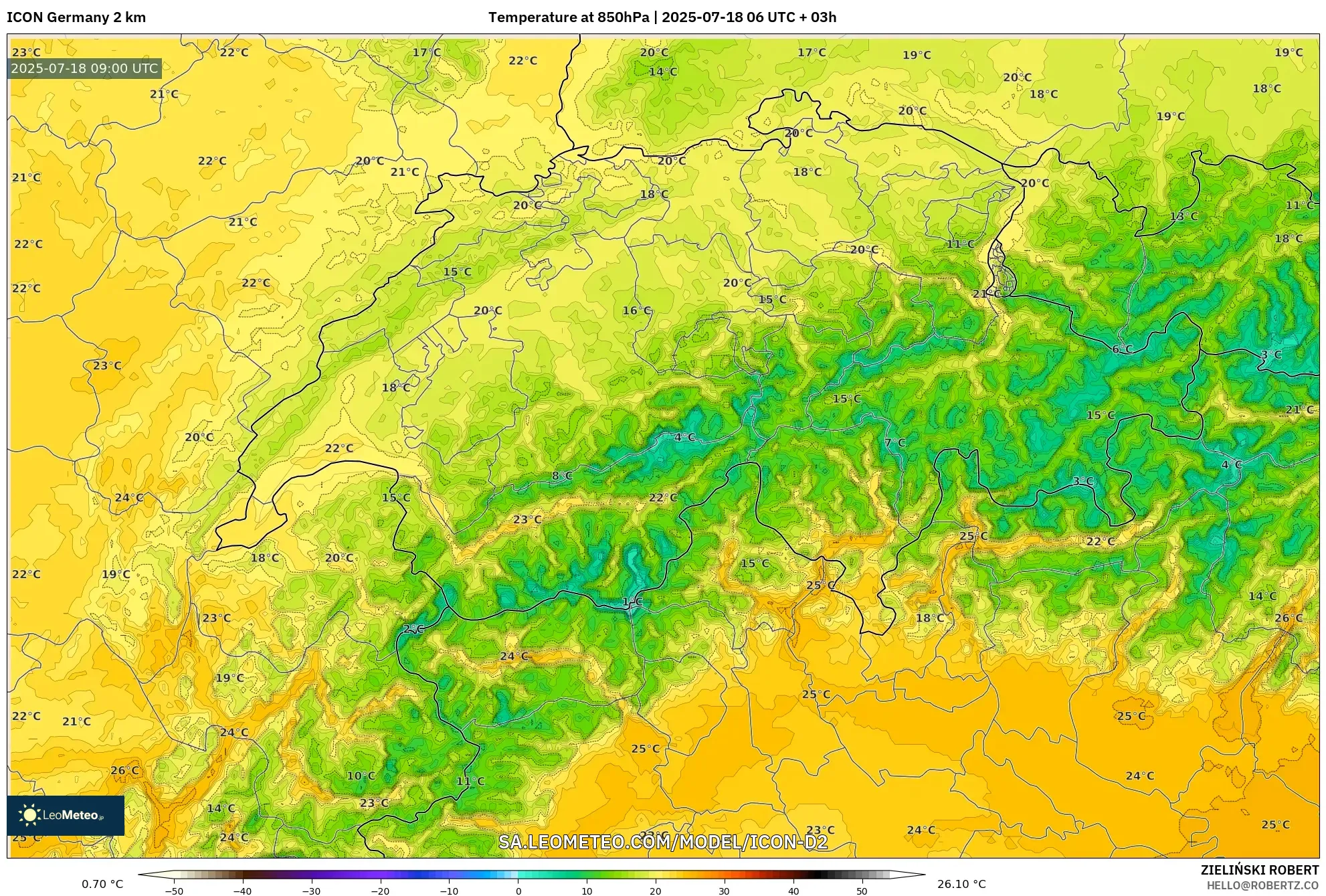 ICON Jerman 2 km model - Switzerland, Suhu 850 hPa