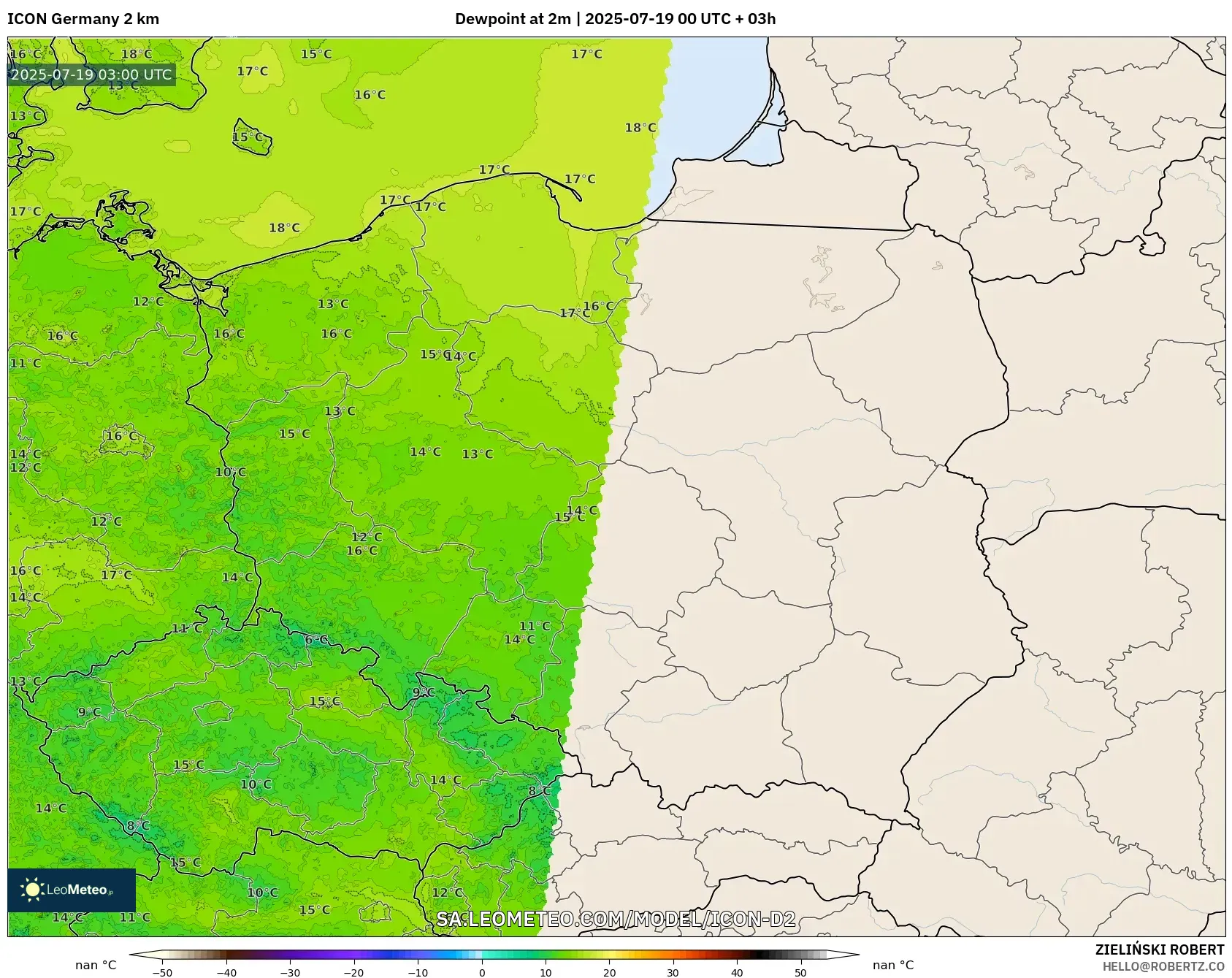 ICON Germany 2 km model - Poland, Dewpoint at 2m