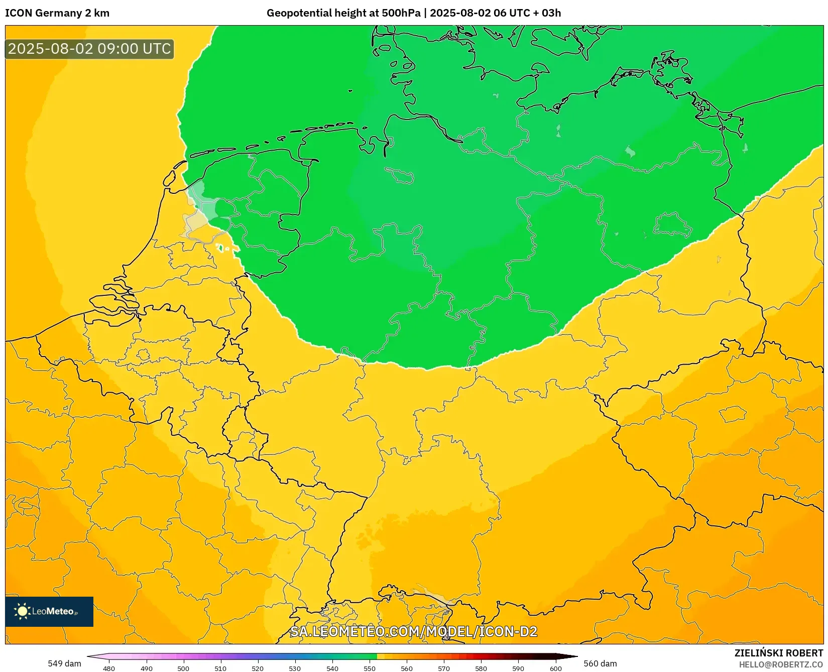 ICON Alemania 2 km model - Jerman, Ketinggian geopotensial pada 500 hPa ICON Alemania 2 km model - Jerman, Ketinggian geopotensial pada 500 hPa