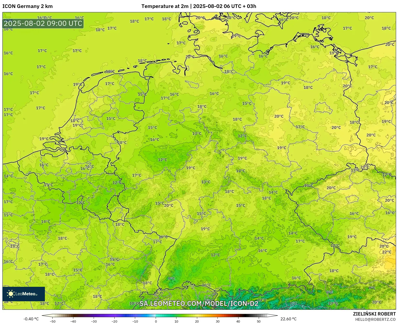 ICON Alemania 2 km model - Jerman, Suhu 2 m ICON Alemania 2 km model - Jerman, Suhu 2 m