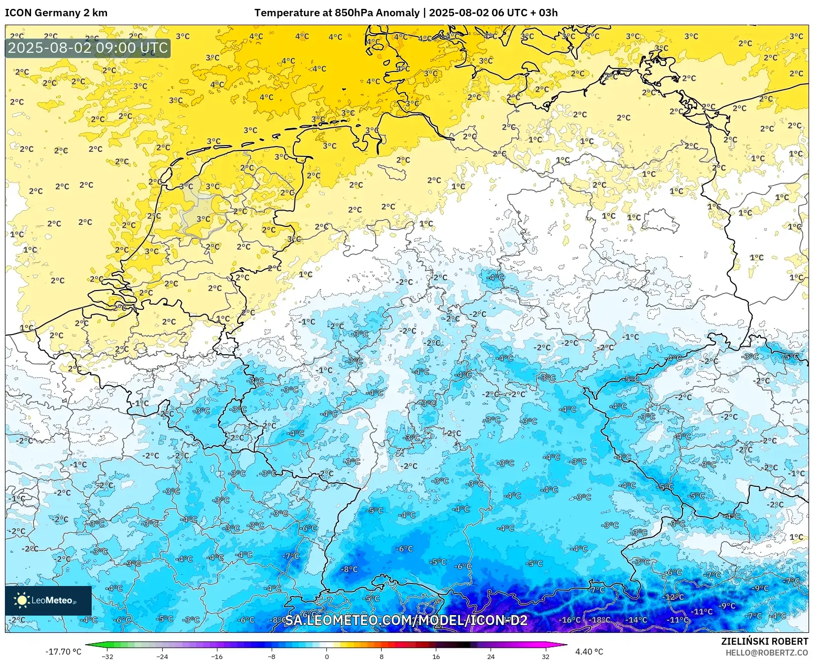 ICON Alemania 2 km model - Jerman, Anomali Suhu 850 hPa ICON Alemania 2 km model - Jerman, Anomali Suhu 850 hPa