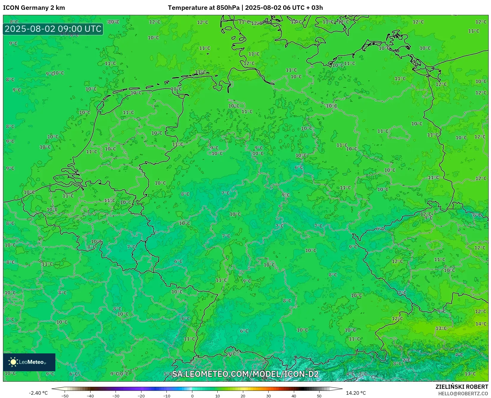 ICON Alemania 2 km model - Jerman, Suhu 850 hPa ICON Alemania 2 km model - Jerman, Suhu 850 hPa