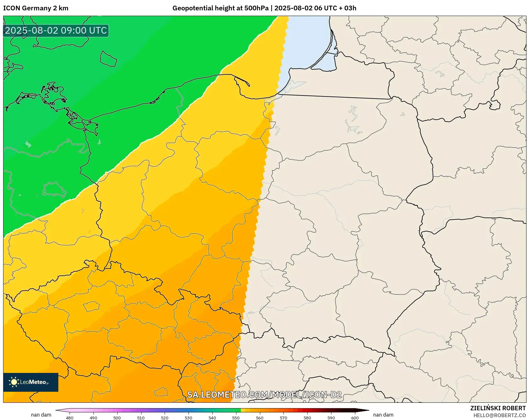ICON Alemania 2 km model - Polandia, Ketinggian geopotensial pada 500 hPa ICON Alemania 2 km model - Polandia, Ketinggian geopotensial pada 500 hPa