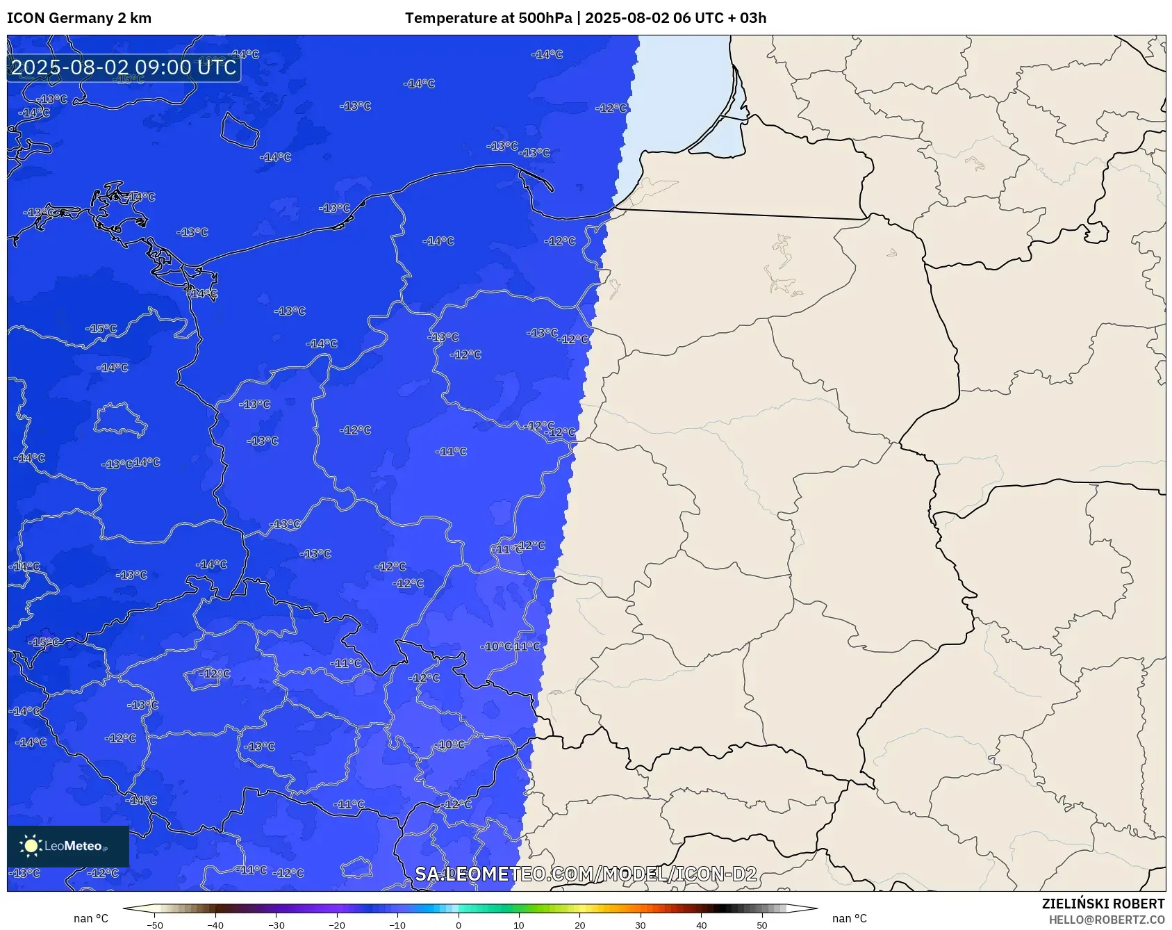 ICON Alemania 2 km model - Polandia, Suhu 500 hPa ICON Alemania 2 km model - Polandia, Suhu 500 hPa