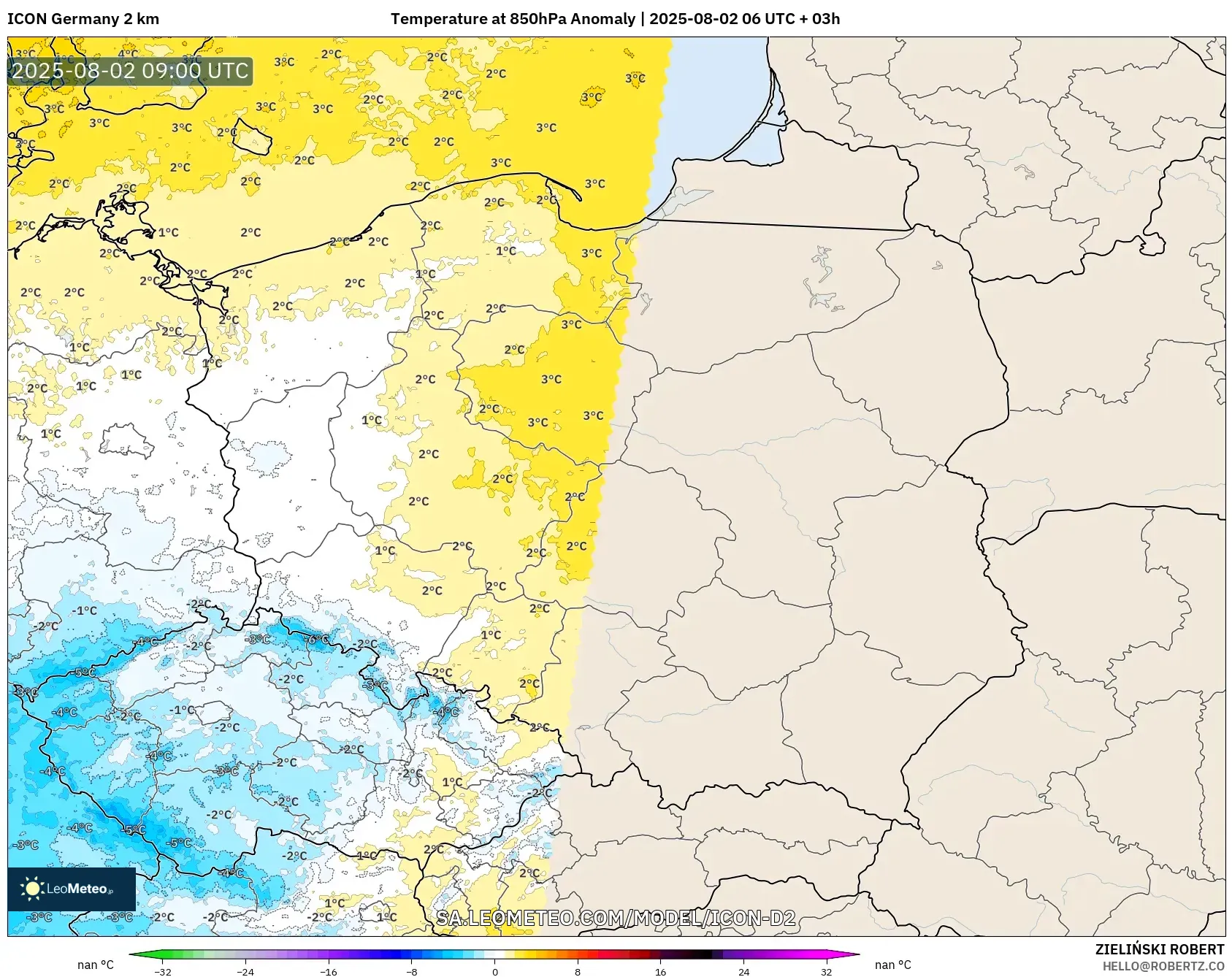 ICON Alemania 2 km model - Polandia, Anomali Suhu 850 hPa ICON Alemania 2 km model - Polandia, Anomali Suhu 850 hPa