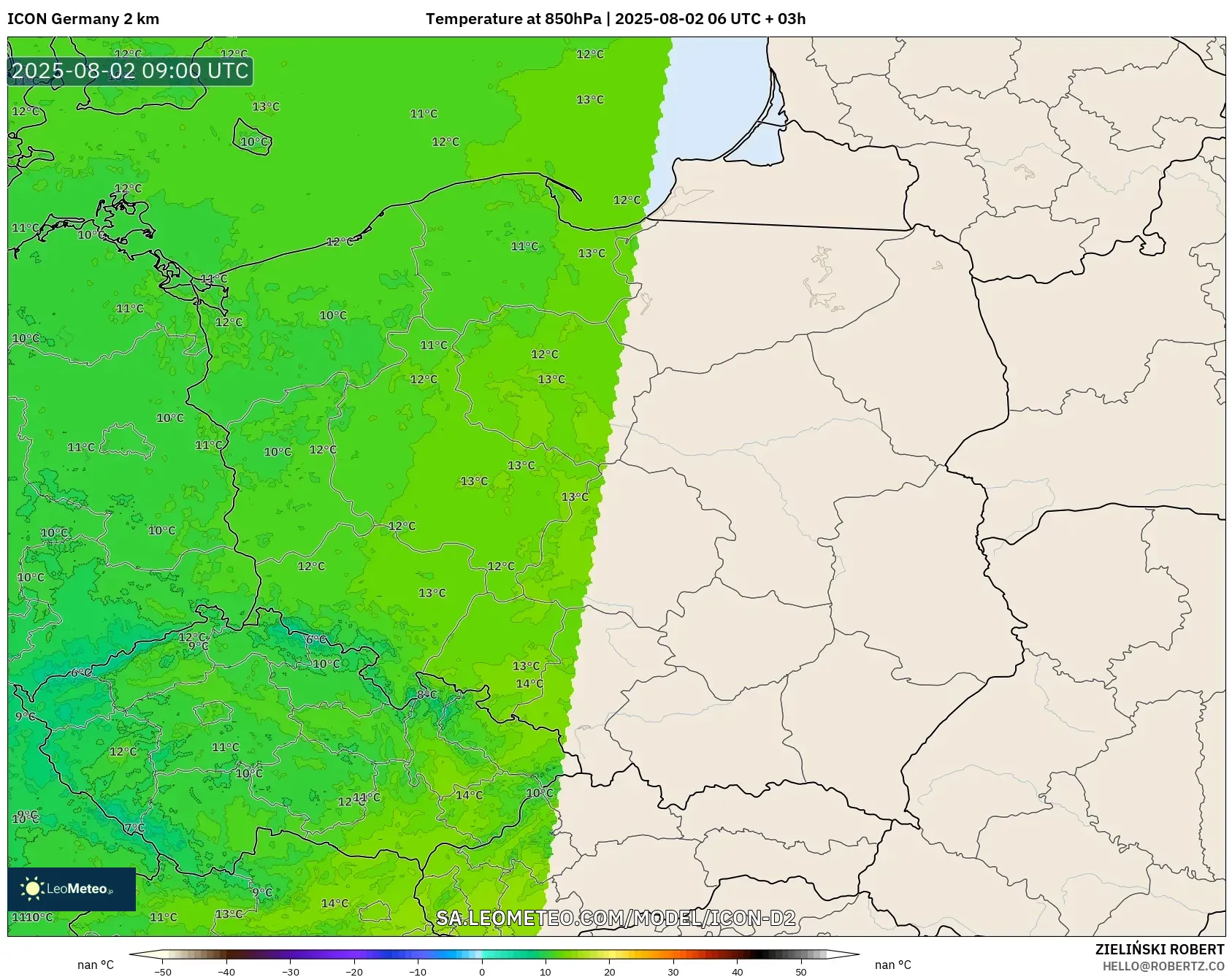 ICON Alemania 2 km model - Polandia, Suhu 850 hPa ICON Alemania 2 km model - Polandia, Suhu 850 hPa