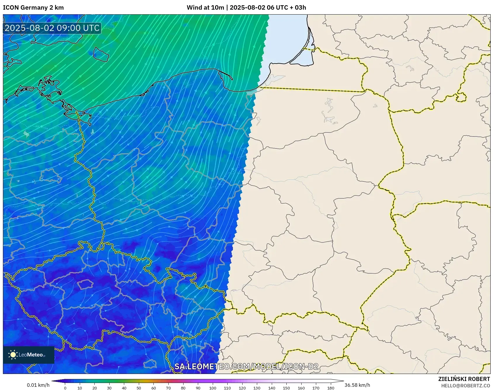 ICON Alemania 2 km model - Polandia, Angin 10 m ICON Alemania 2 km model - Polandia, Angin 10 m