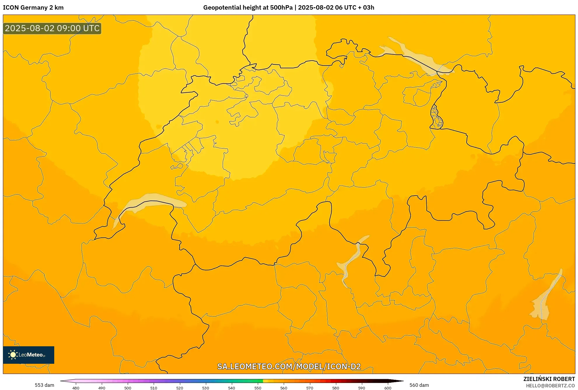 ICON Alemania 2 km model - Swiss, Ketinggian geopotensial pada 500 hPa ICON Alemania 2 km model - Swiss, Ketinggian geopotensial pada 500 hPa