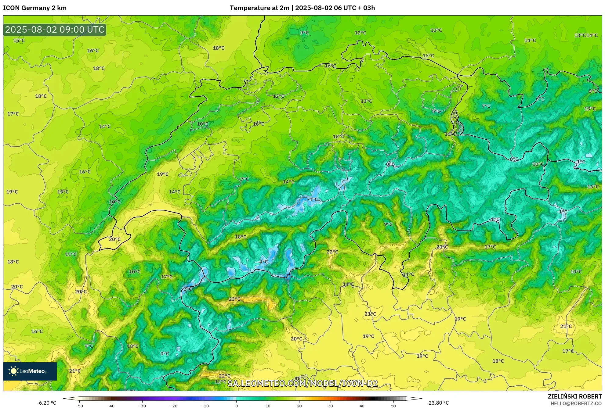 ICON Alemania 2 km model - Swiss, Suhu 2 m