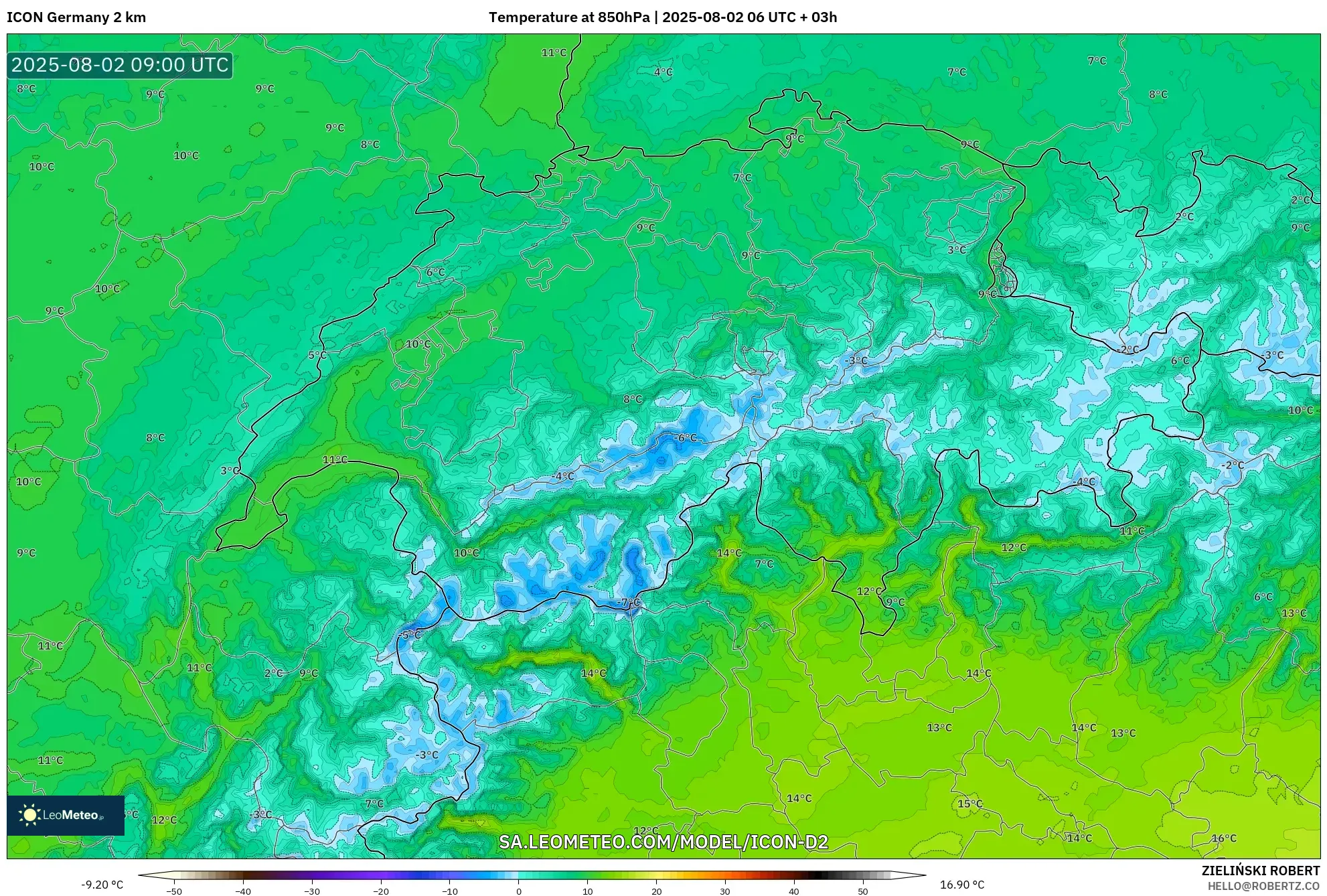 ICON Alemania 2 km model - Swiss, Suhu 850 hPa ICON Alemania 2 km model - Swiss, Suhu 850 hPa