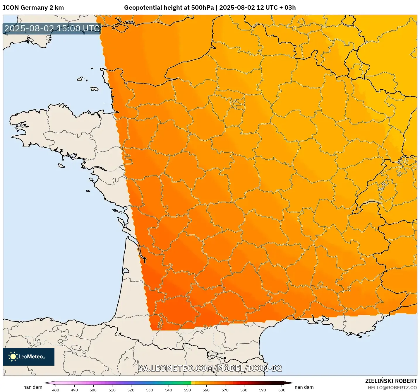ICON Alemania 2 km model - Prancis, Ketinggian geopotensial pada 500 hPa ICON Alemania 2 km model - Prancis, Ketinggian geopotensial pada 500 hPa