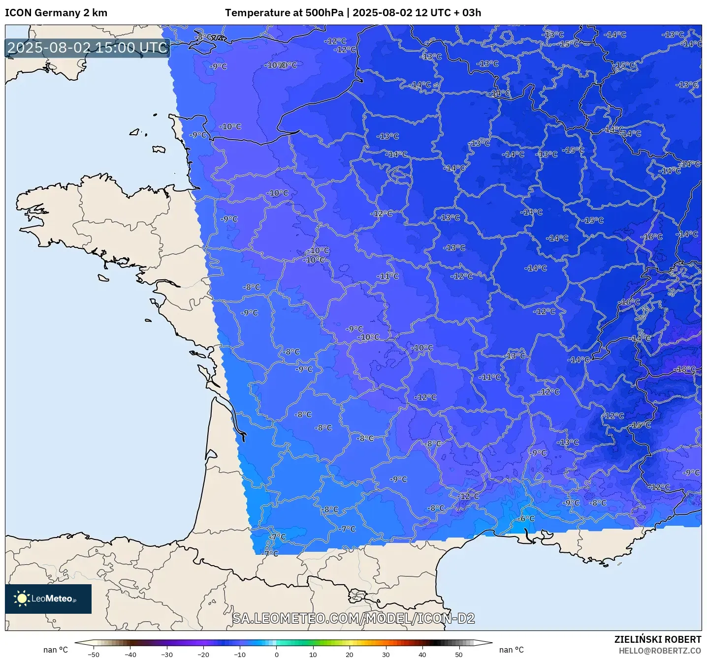 ICON Alemania 2 km model - Prancis, Suhu 500 hPa ICON Alemania 2 km model - Prancis, Suhu 500 hPa