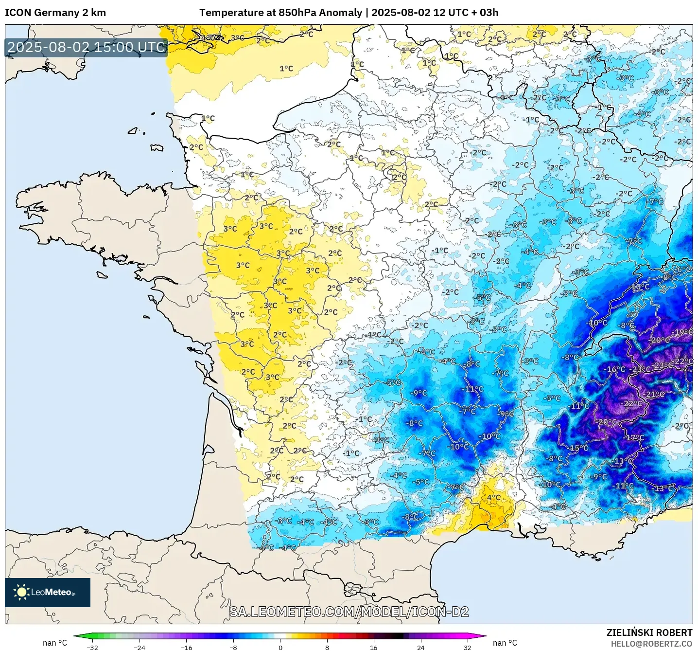 ICON Alemania 2 km model - Prancis, Anomali Suhu 850 hPa