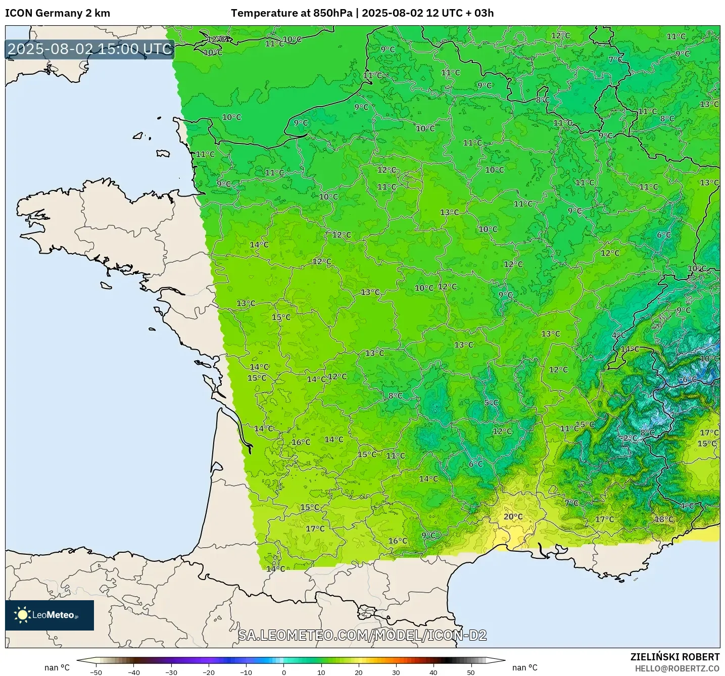 ICON Alemania 2 km model - Prancis, Suhu 850 hPa ICON Alemania 2 km model - Prancis, Suhu 850 hPa