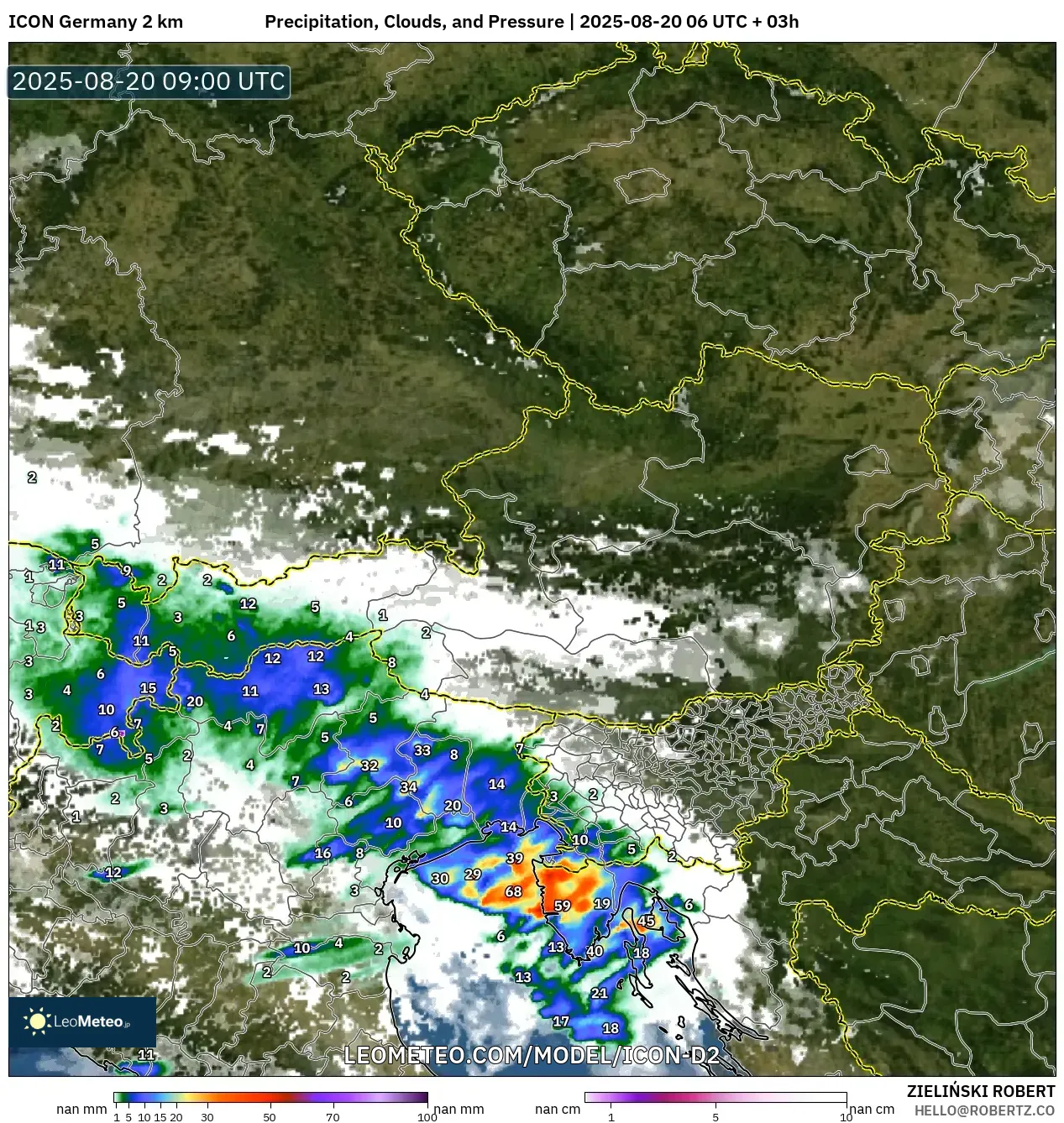 ICON Germany 2 km model - Austria, Precipitation, Clouds, and Pressure