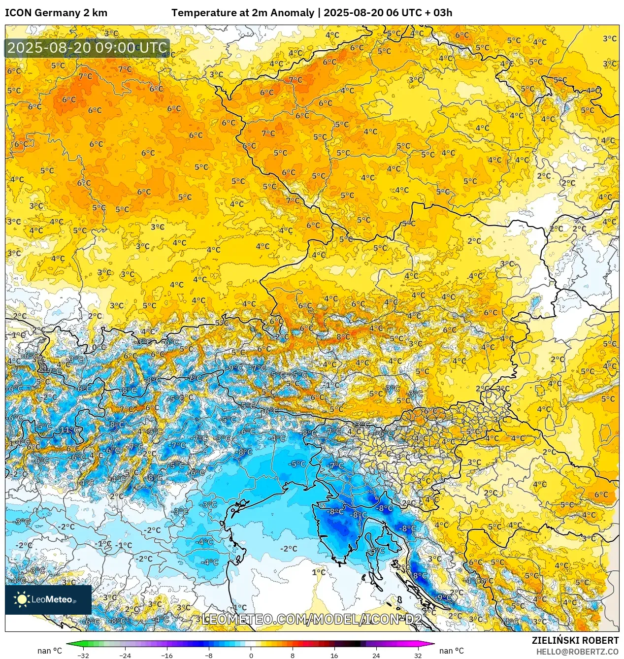 ICON Germany 2 km model - Austria, Temperature at 2m Anomaly