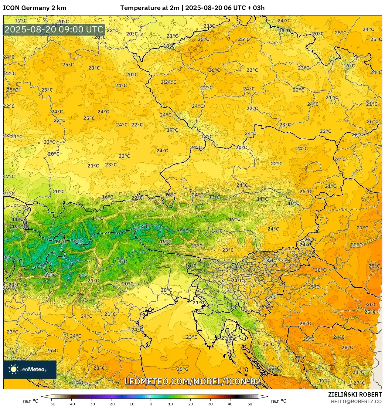 ICON Germany 2 km model - Austria, Temperature at 2m