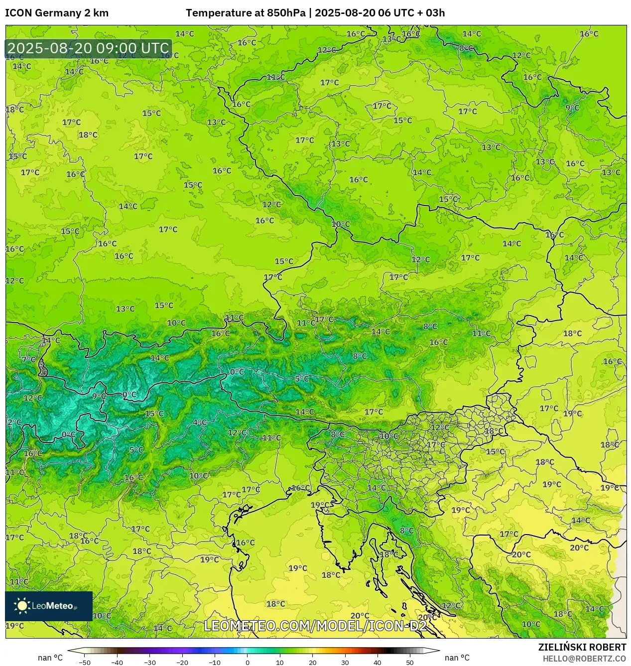 ICON Germany 2 km model - Austria, Temperature at 850hPa