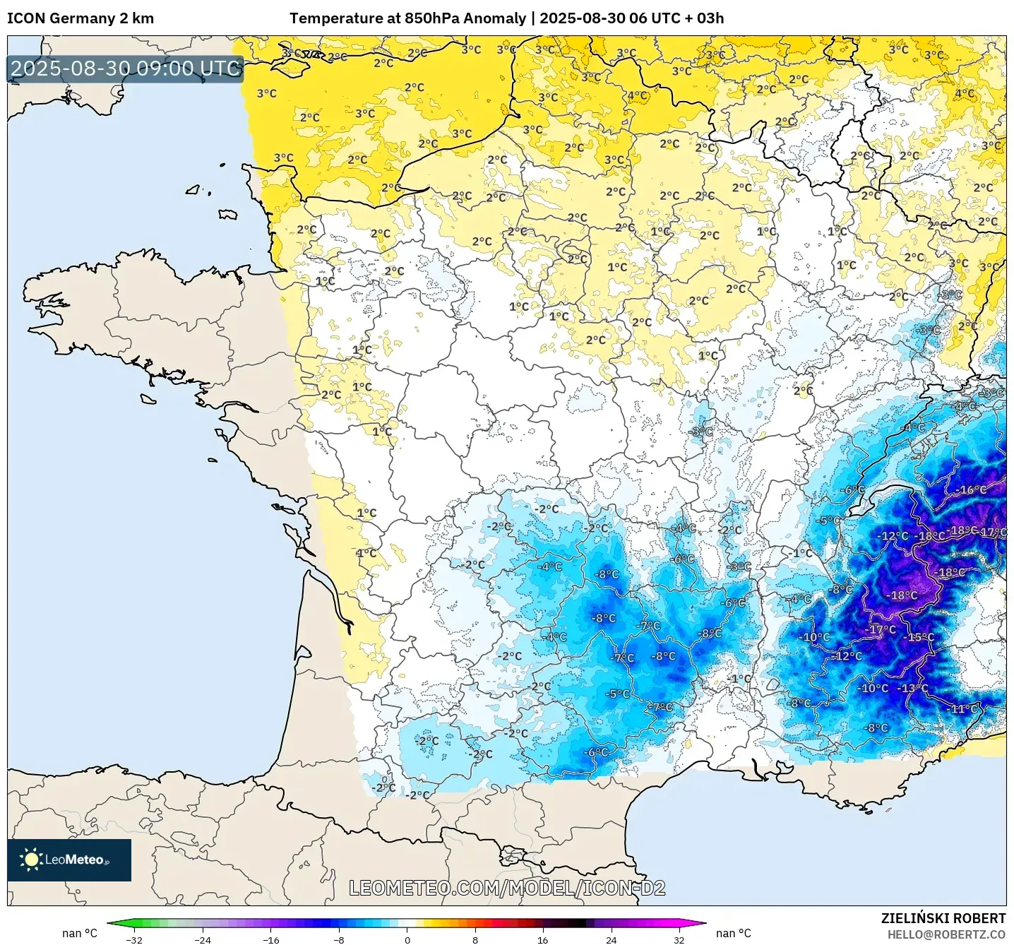 ICON Germany 2 km model - France, Temperature at 850hPa Anomaly ICON Germany 2 km model - France, Temperature at 850hPa Anomaly