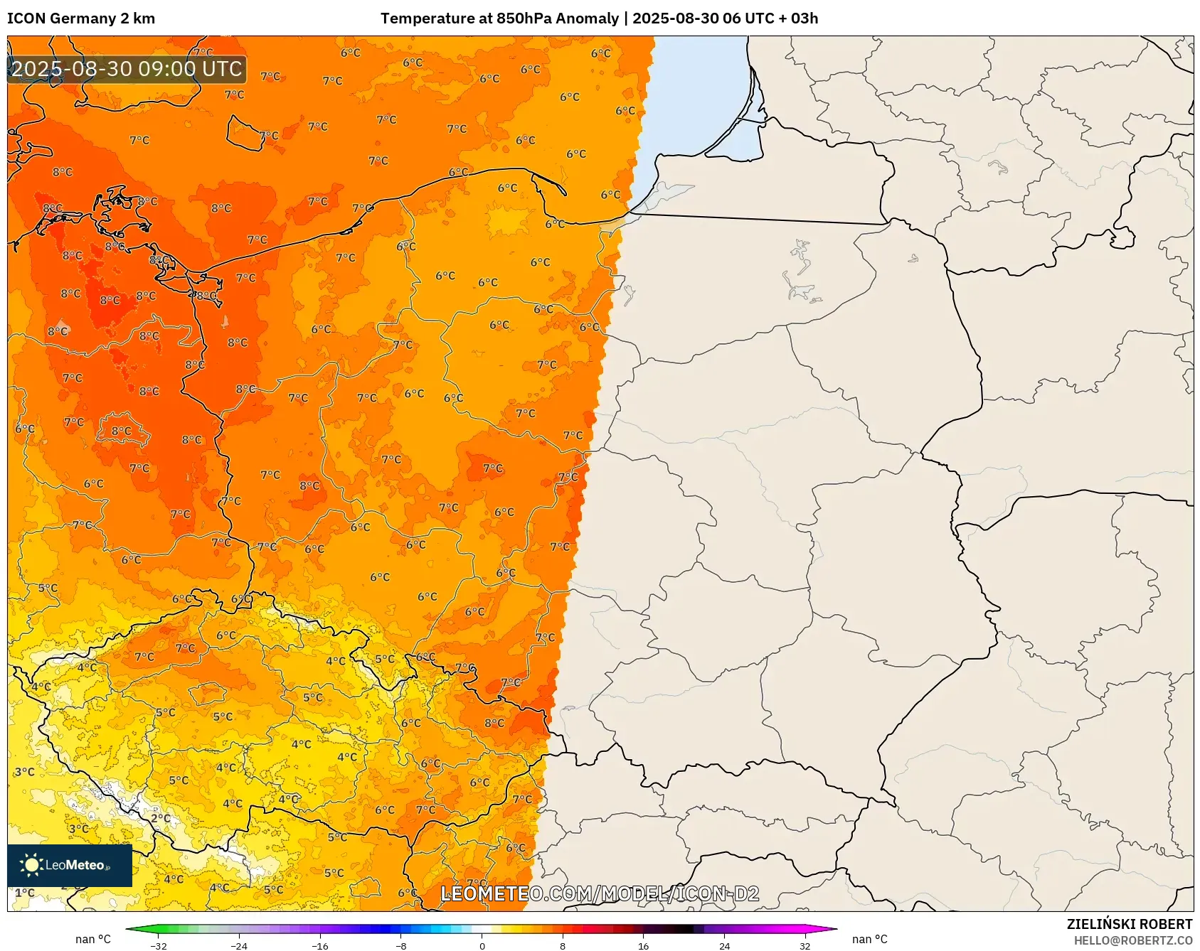 ICON Germany 2 km model - Poland, Temperature at 850hPa Anomaly