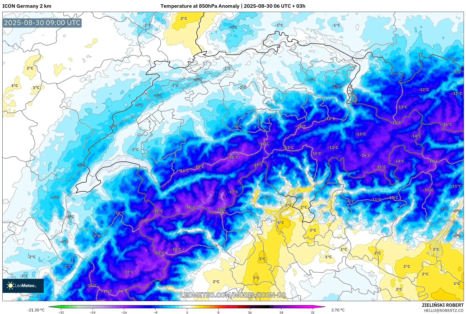 ICON Germany 2 km model - Switzerland, Temperature at 850hPa Anomaly