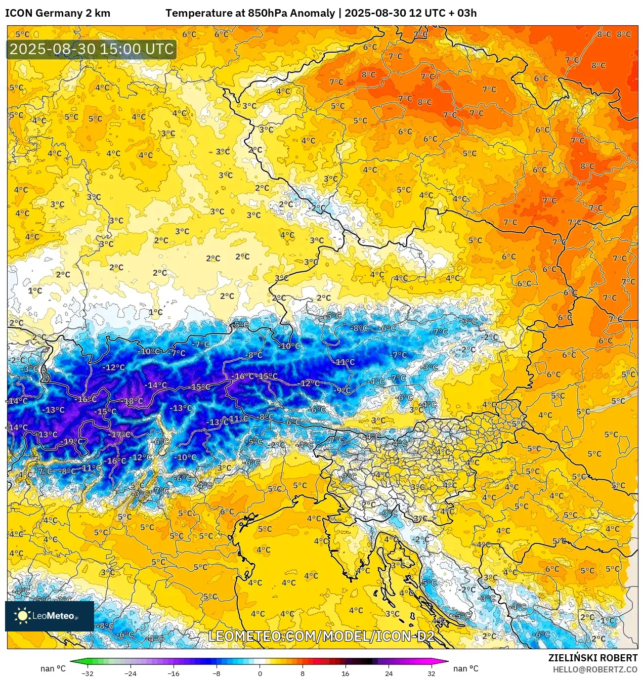 ICON Germany 2 km model - Austria, Temperature at 850hPa Anomaly ICON Germany 2 km model - Austria, Temperature at 850hPa Anomaly