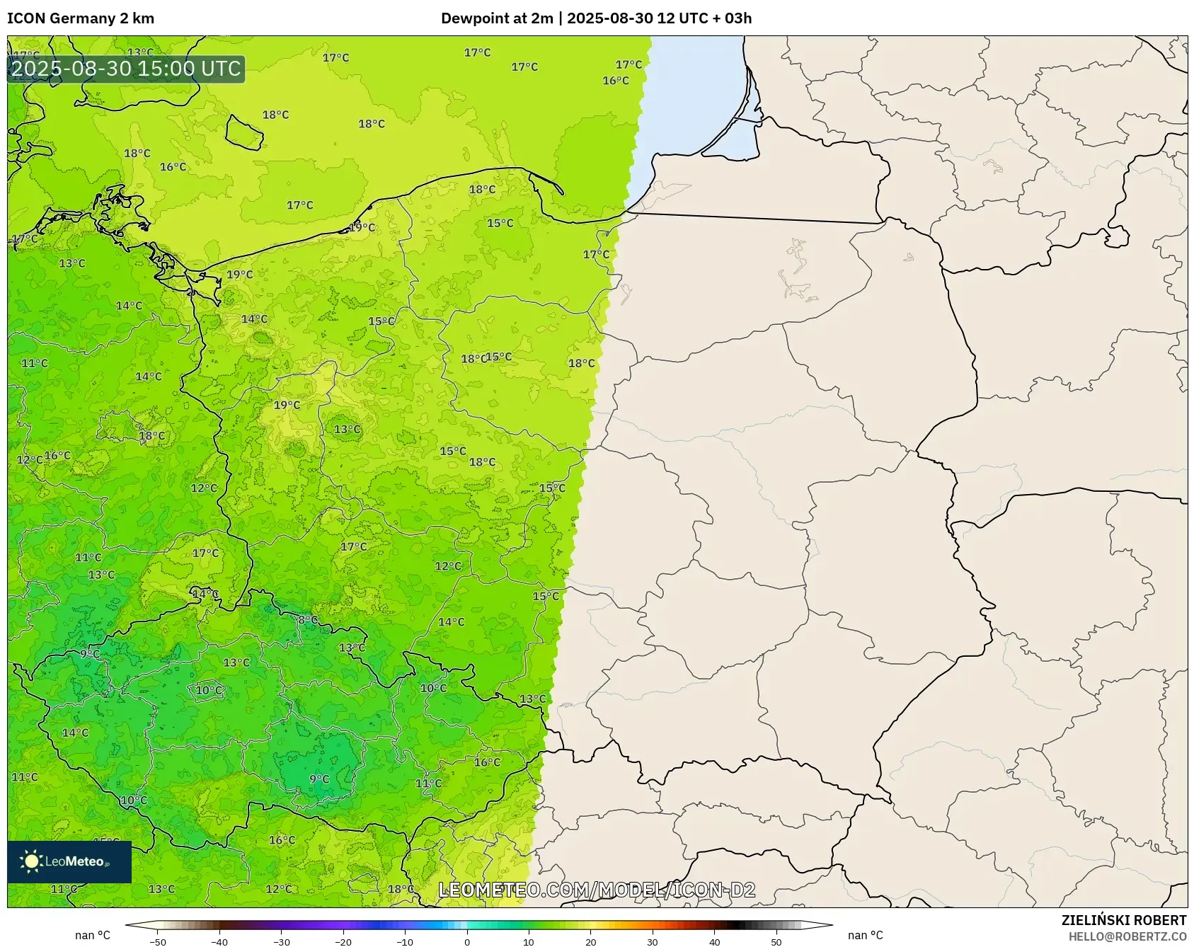 ICON Germany 2 km model - Poland, Dewpoint at 2m ICON Germany 2 km model - Poland, Dewpoint at 2m