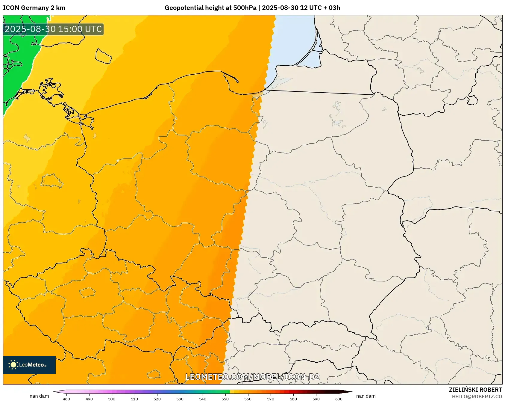 ICON Germany 2 km model - Poland, Geopotential height at 500hPa ICON Germany 2 km model - Poland, Geopotential height at 500hPa