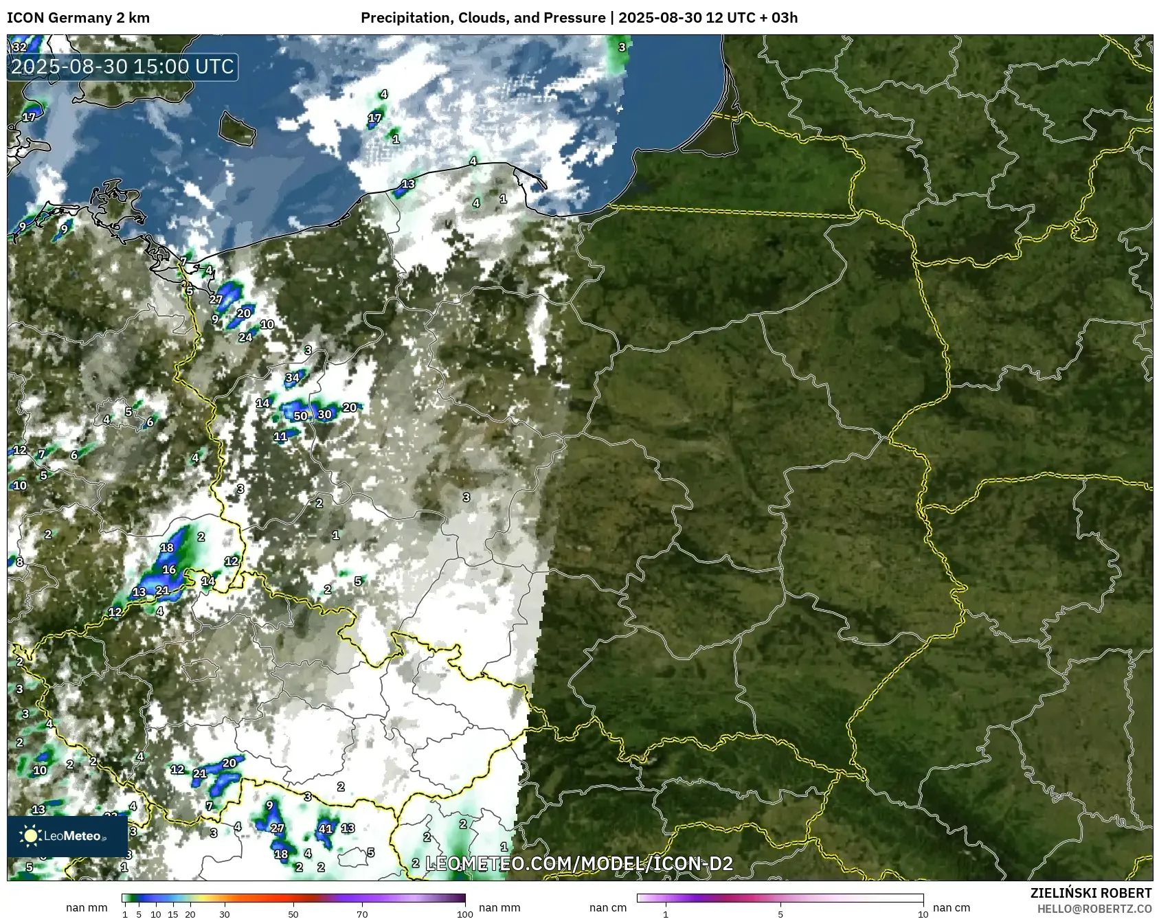 ICON Germany 2 km model - Poland, Precipitation, Clouds, and Pressure ICON Germany 2 km model - Poland, Precipitation, Clouds, and Pressure