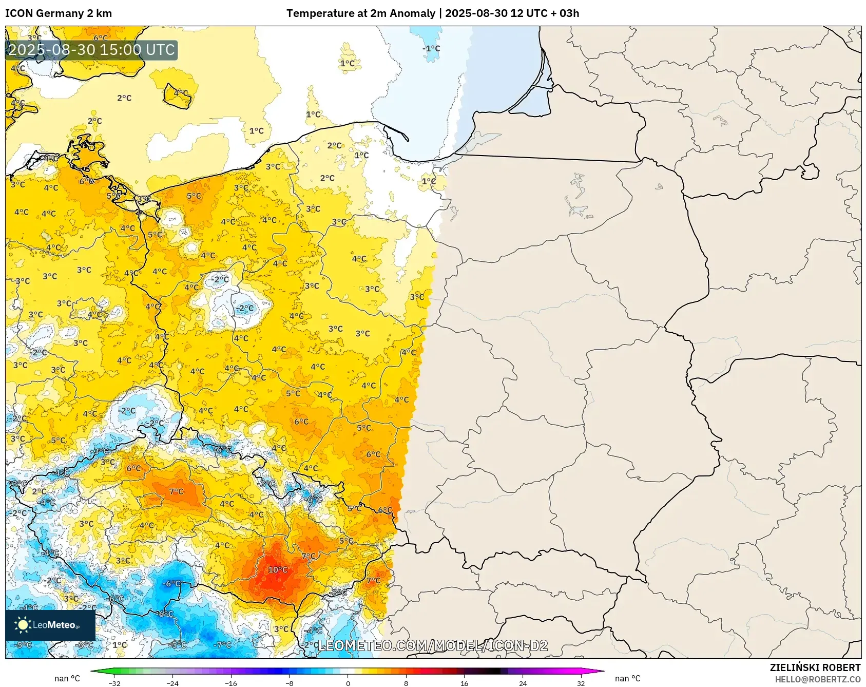 ICON Germany 2 km model - Poland, Temperature at 2m Anomaly ICON Germany 2 km model - Poland, Temperature at 2m Anomaly