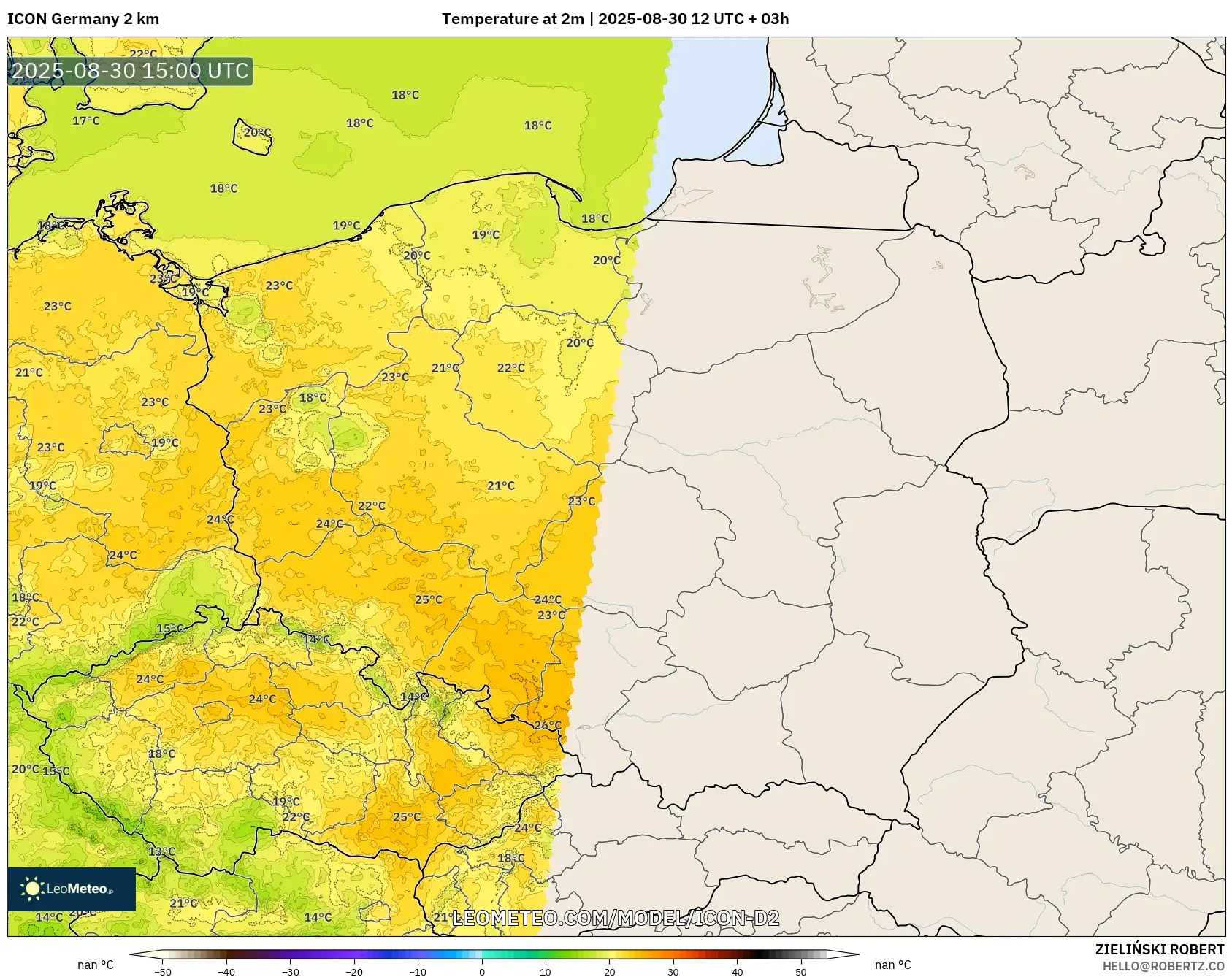 ICON Germany 2 km model - Poland, Temperature at 2m ICON Germany 2 km model - Poland, Temperature at 2m