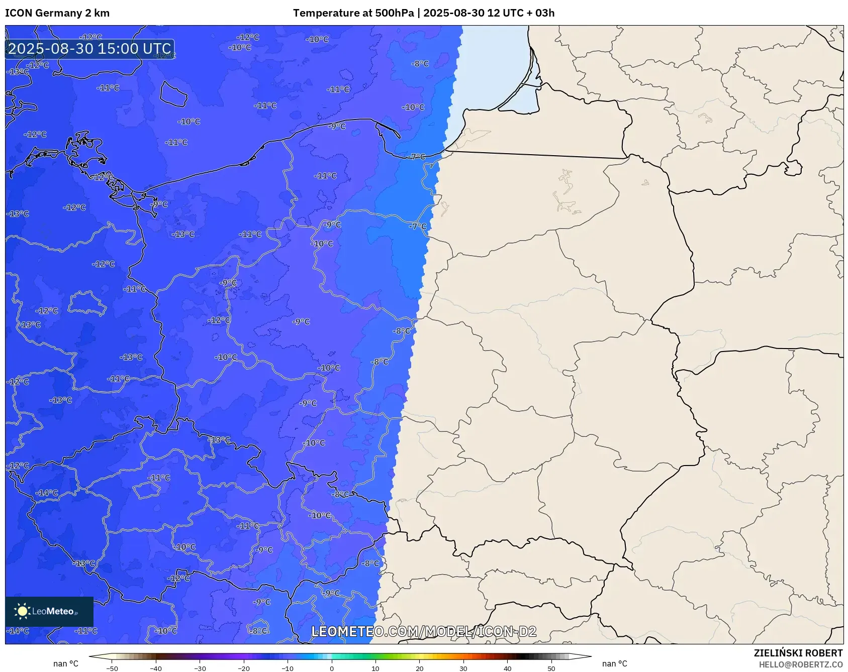 ICON Germany 2 km model - Poland, Temperature at 500hPa ICON Germany 2 km model - Poland, Temperature at 500hPa