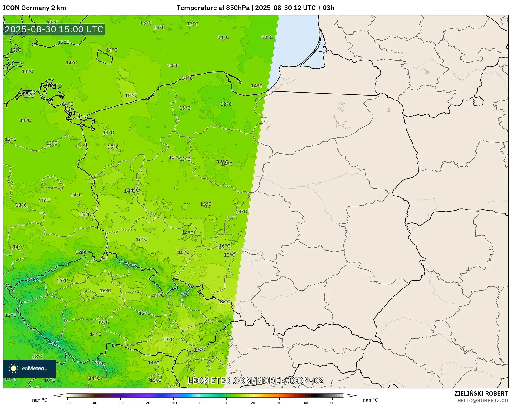 ICON Germany 2 km model - Poland, Temperature at 850hPa ICON Germany 2 km model - Poland, Temperature at 850hPa