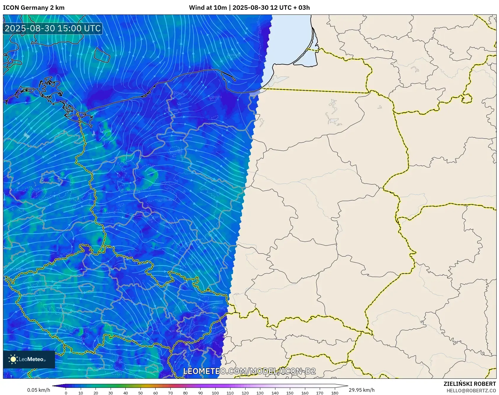 ICON Germany 2 km model - Poland, Wind at 10m ICON Germany 2 km model - Poland, Wind at 10m