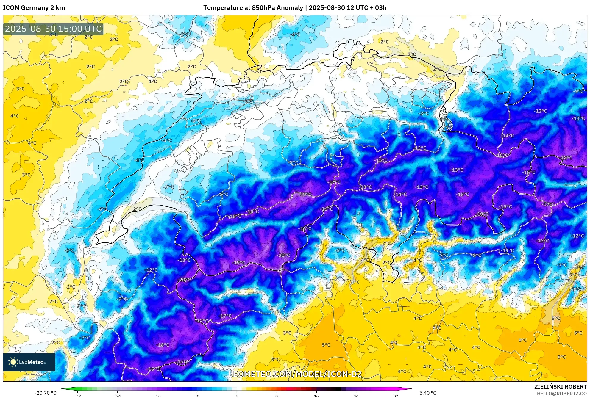 ICON Germany 2 km model - Switzerland, Temperature at 850hPa Anomaly ICON Germany 2 km model - Switzerland, Temperature at 850hPa Anomaly