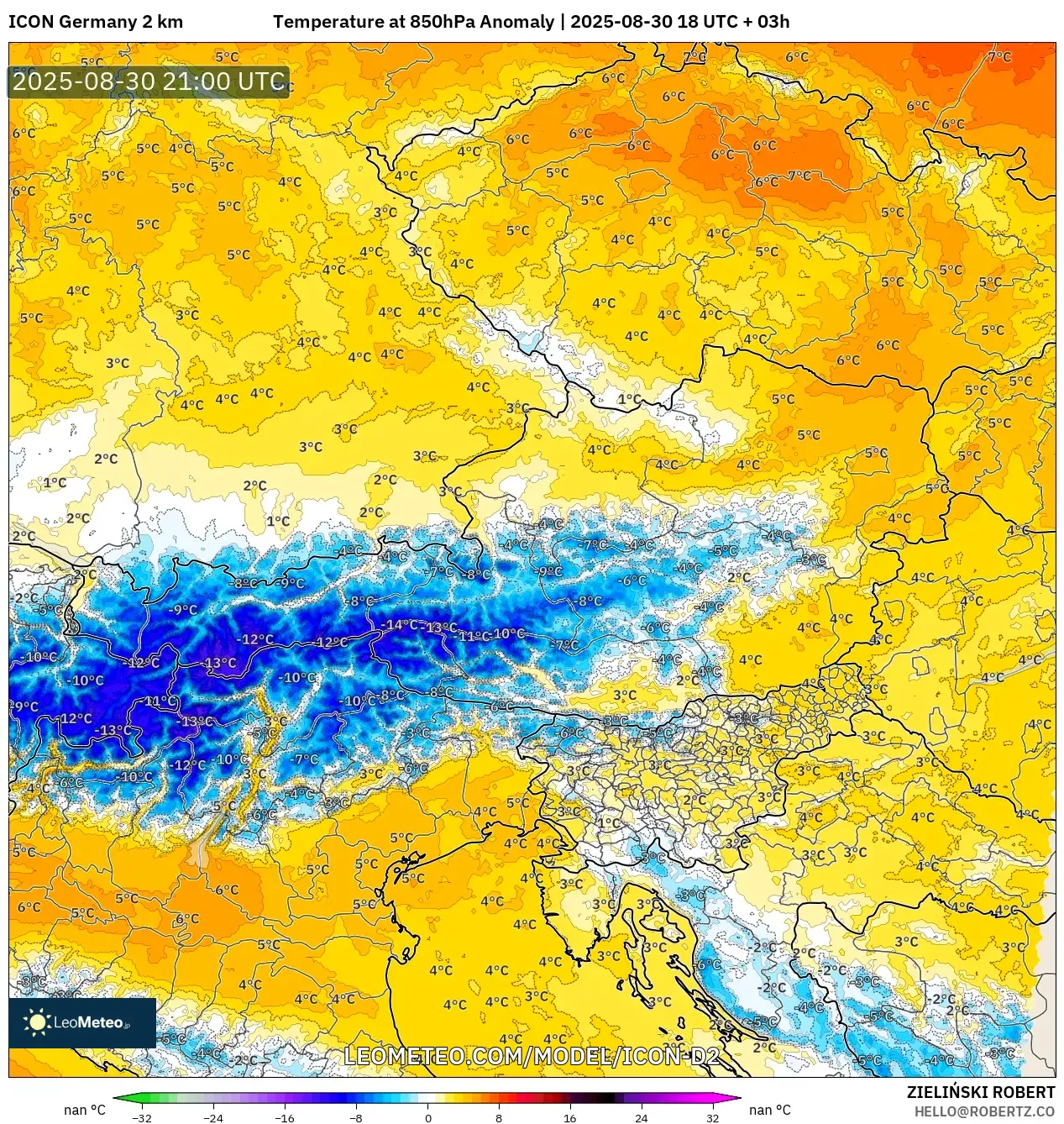 ICON Germany 2 km model - Austria, Temperature at 850hPa Anomaly ICON Germany 2 km model - Austria, Temperature at 850hPa Anomaly