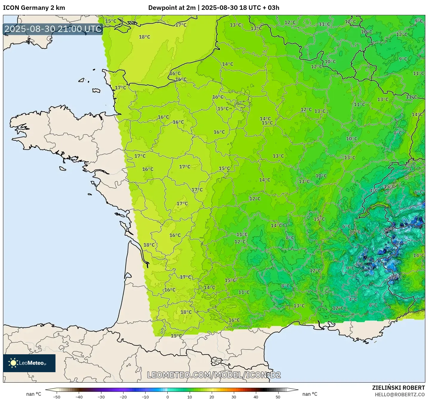 ICON Germany 2 km model - France, Dewpoint at 2m ICON Germany 2 km model - France, Dewpoint at 2m