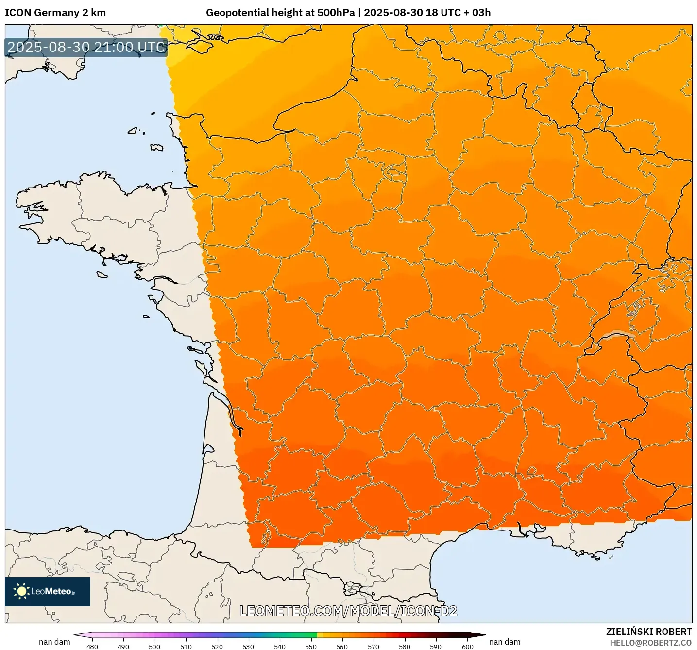 ICON Germany 2 km model - France, Geopotential height at 500hPa ICON Germany 2 km model - France, Geopotential height at 500hPa