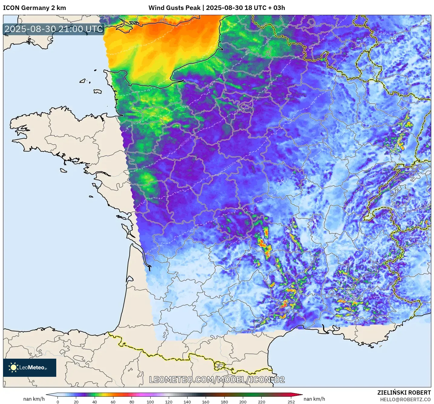 ICON Germany 2 km model - France, Wind Gusts Peak ICON Germany 2 km model - France, Wind Gusts Peak
