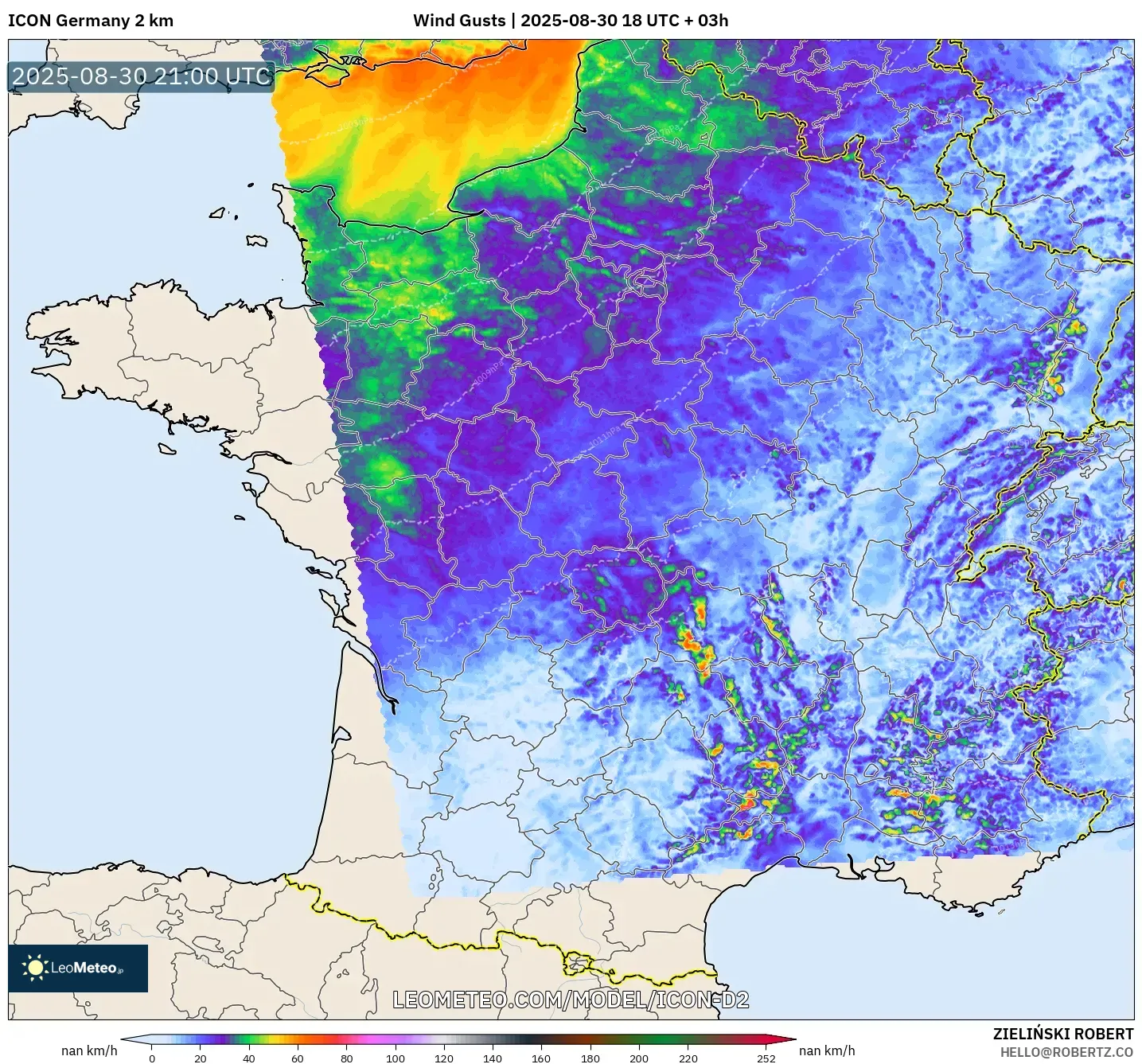 ICON Germany 2 km model - France, Wind Gusts ICON Germany 2 km model - France, Wind Gusts