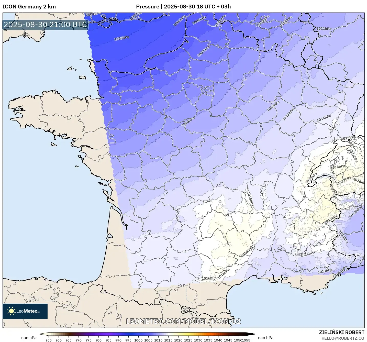 ICON Germany 2 km model - France, Pressure ICON Germany 2 km model - France, Pressure