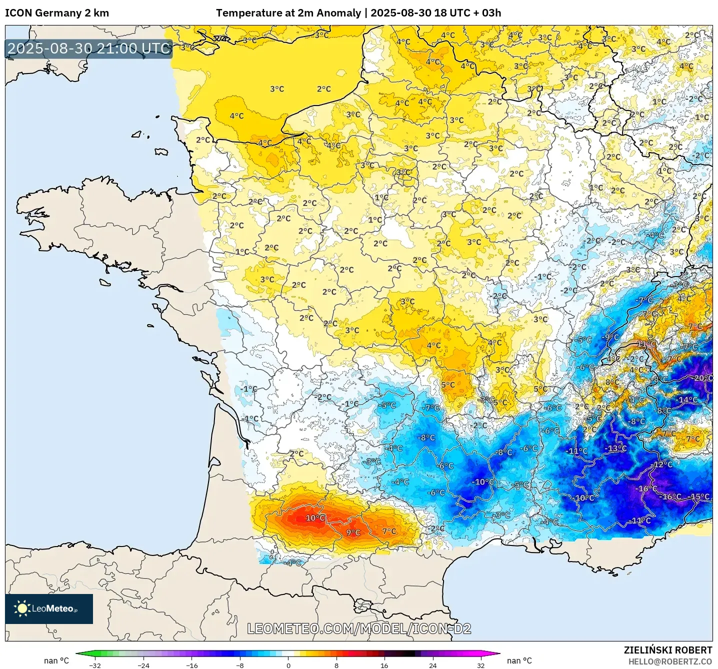 ICON Germany 2 km model - France, Temperature at 2m Anomaly ICON Germany 2 km model - France, Temperature at 2m Anomaly