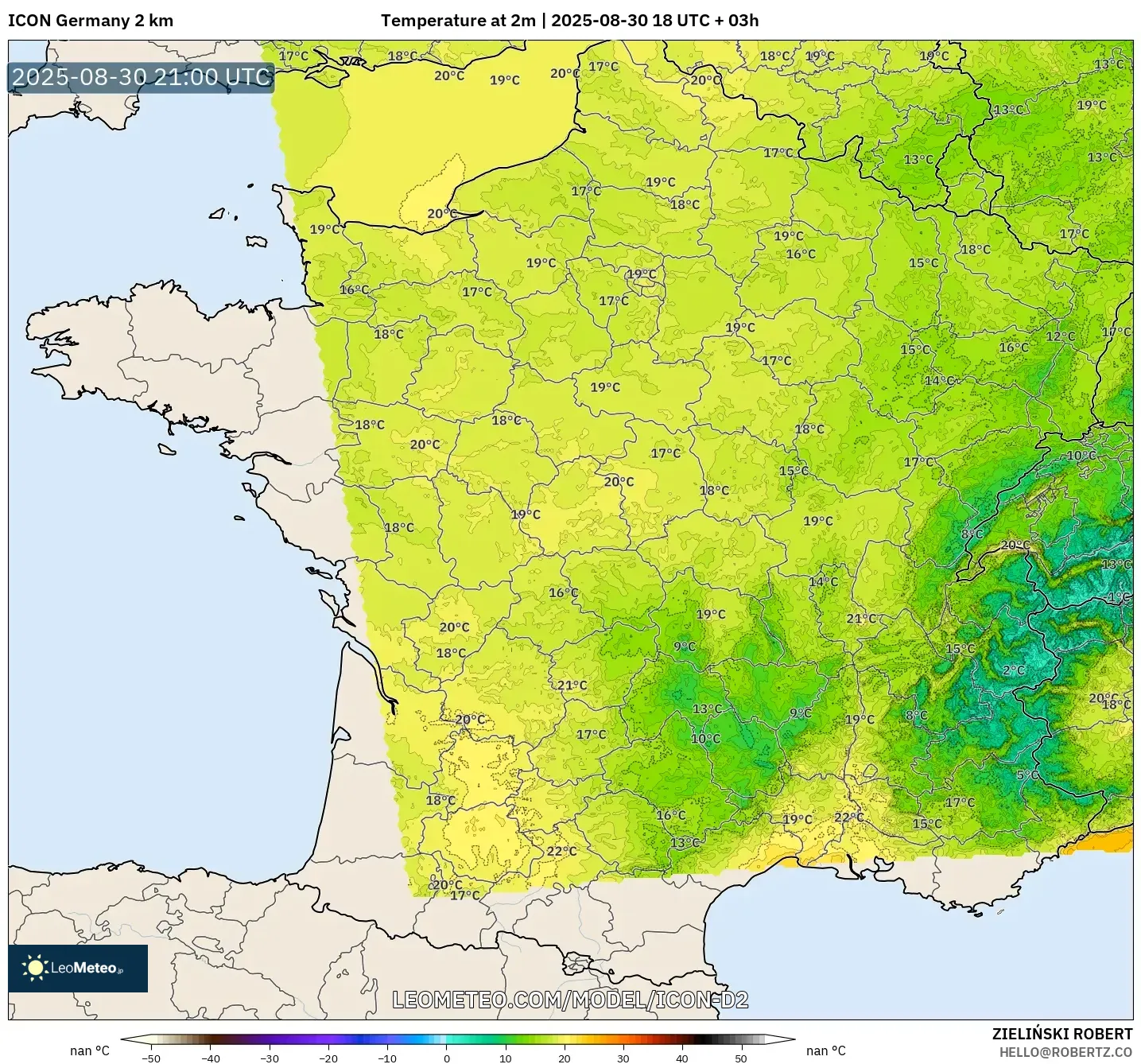 ICON Germany 2 km model - France, Temperature at 2m ICON Germany 2 km model - France, Temperature at 2m