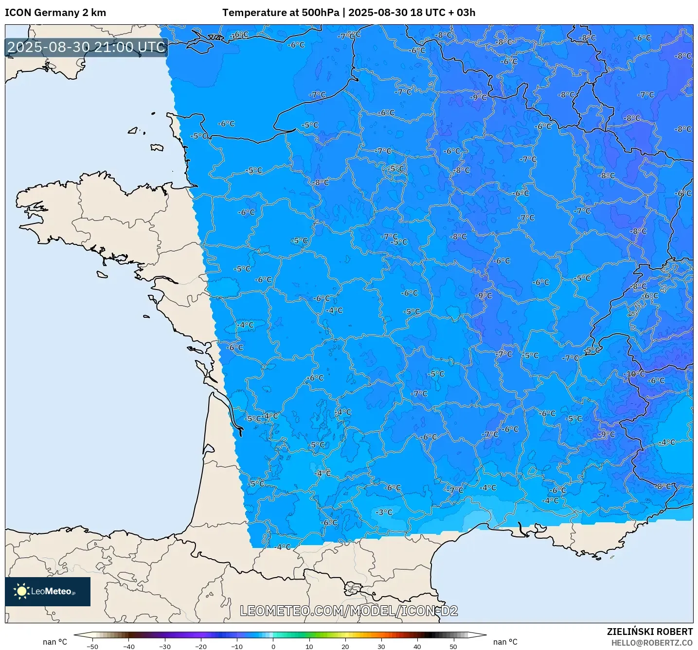 ICON Germany 2 km model - France, Temperature at 500hPa ICON Germany 2 km model - France, Temperature at 500hPa
