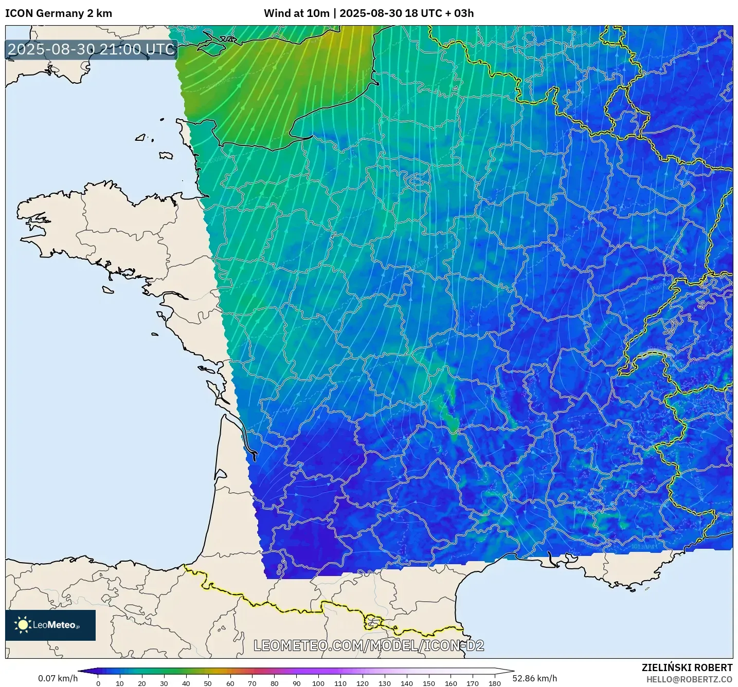 ICON Germany 2 km model - France, Wind at 10m ICON Germany 2 km model - France, Wind at 10m