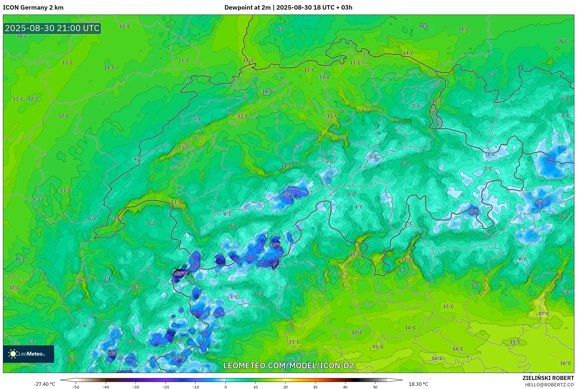 ICON Germany 2 km model - Switzerland, Dewpoint at 2m ICON Germany 2 km model - Switzerland, Dewpoint at 2m
