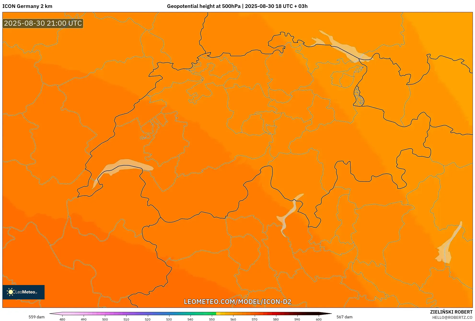 ICON Germany 2 km model - Switzerland, Geopotential height at 500hPa ICON Germany 2 km model - Switzerland, Geopotential height at 500hPa